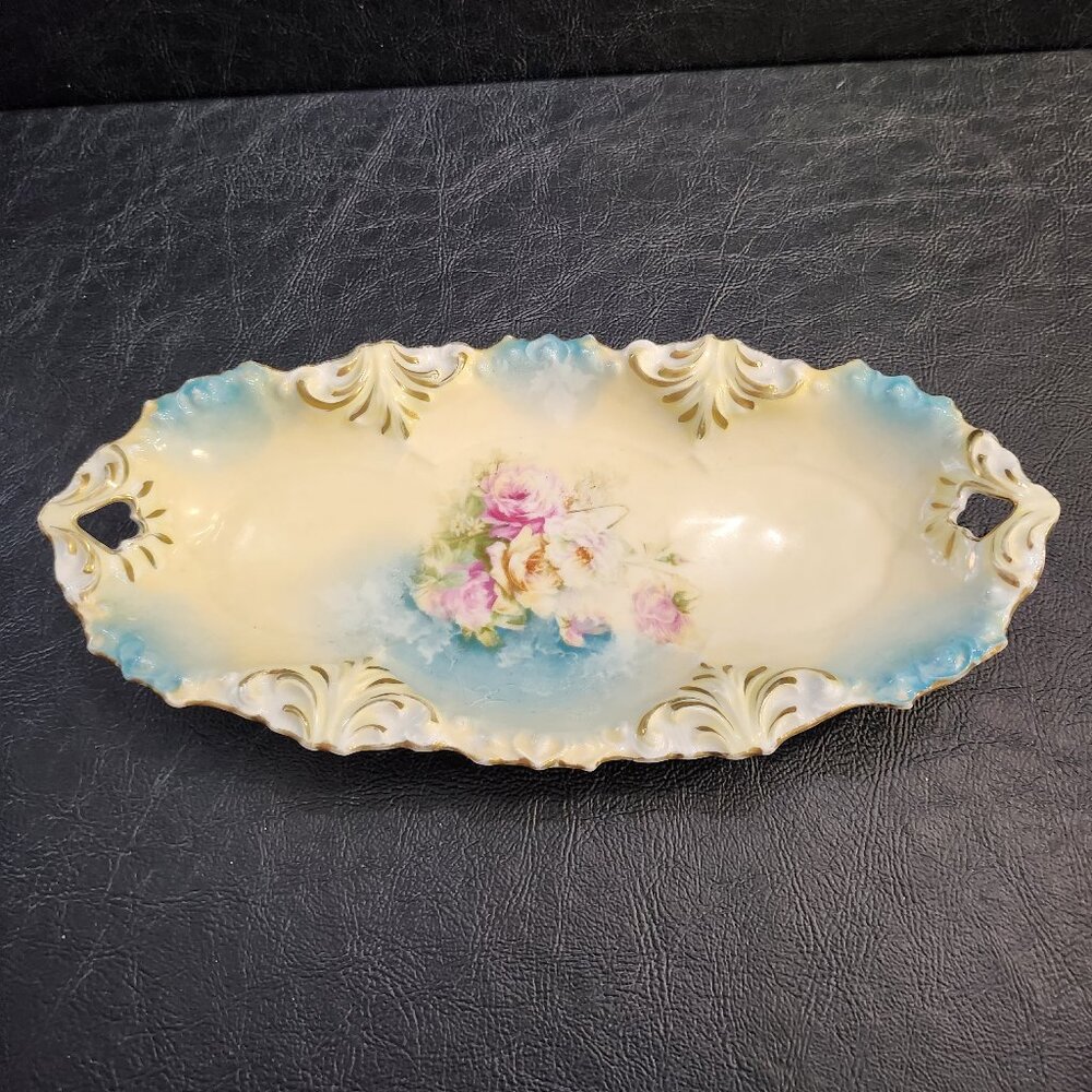Antique R.S. Prussia Red Mark Rose Motif Porcelain Decorated Relish Dish
